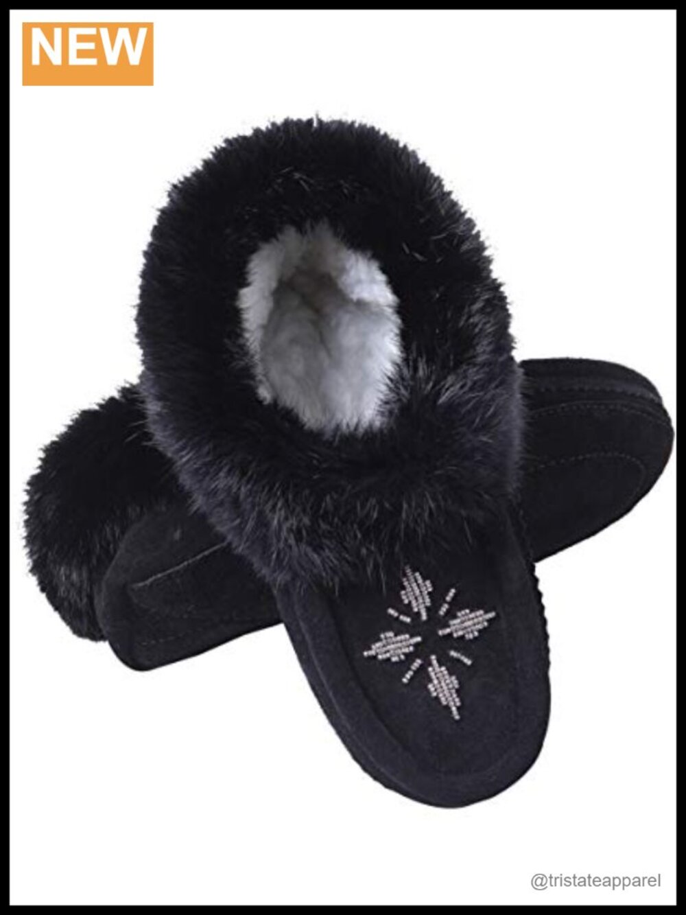 Mocc Indoor Slippers Soft Sole Fleece Lined Rabbit Fur Trim